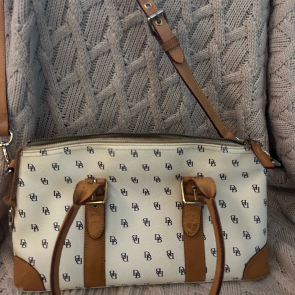 Dooney & Bourke White Canvas Monogram Tote with Brown Leather Trim - Picture 4 of 6